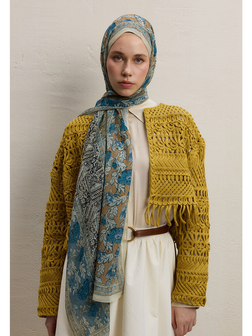 Yeşil Adella Desen İpek Krep Şal Adaçayı