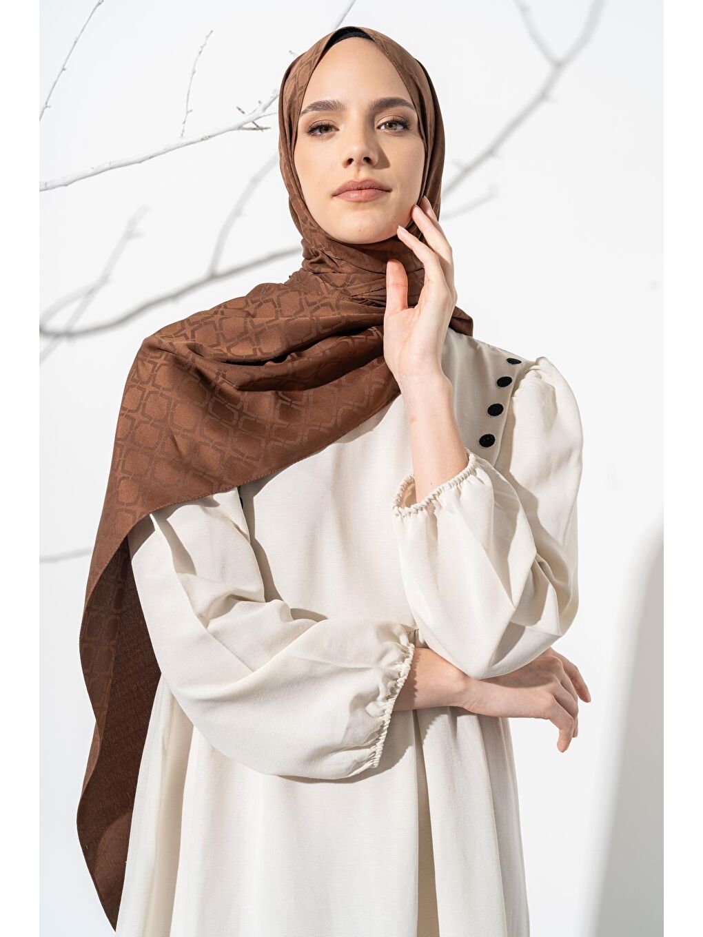 Kahverengi Kadın Geometrik Desen Jakarlı Şal-3
