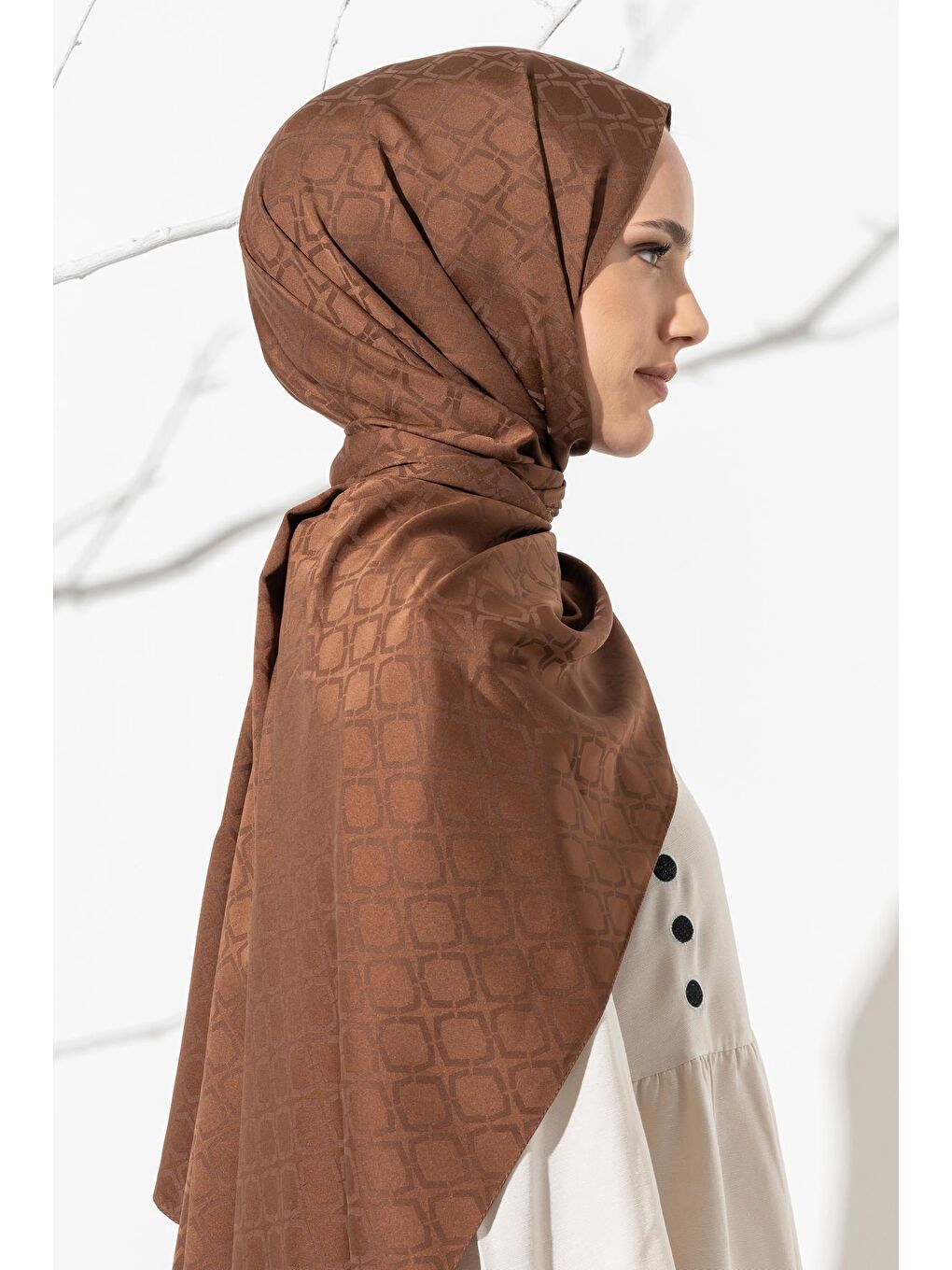 Kahverengi Kadın Geometrik Desen Jakarlı Şal-4
