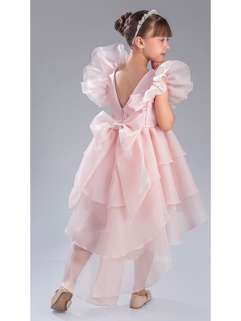 Pembe Kız Çocuk Kuyruklu , Taçlı Vragia Abiye Elbise M00745-1