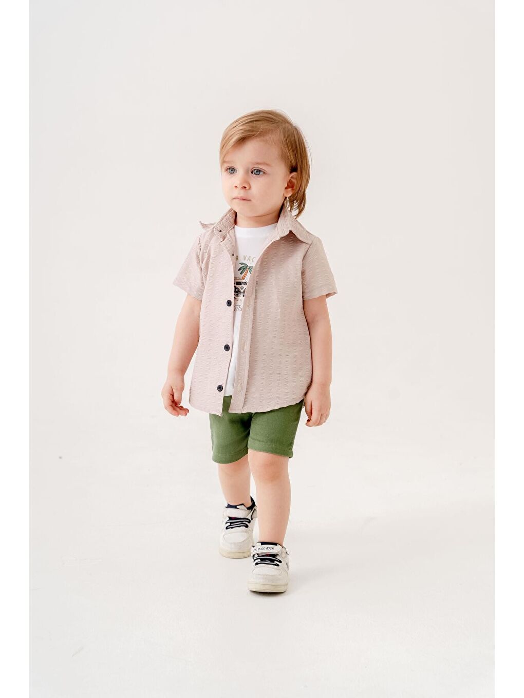 Ekru Tarz Gömlekli Belden Ayarlanabilir Kısa Kollu Şortlu 3'lü Takım