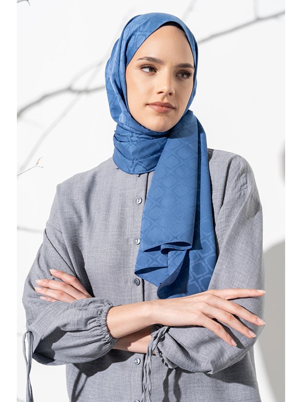 İndigo Kadın Geometrik Desen Jakarlı Şal-2