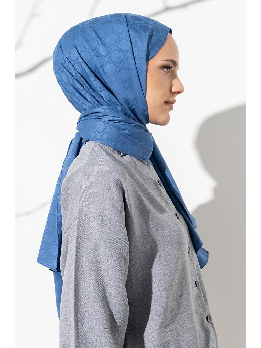 İndigo Kadın Geometrik Desen Jakarlı Şal-3