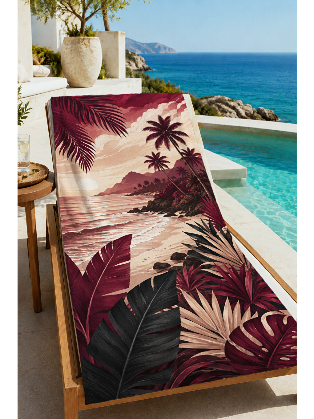 Retro Bordo Tropikal Palmiye Akşam Işığı Sahil Desenli 70x150 Plaj Havlusu - Pamuklu Banyo Havlusu-4