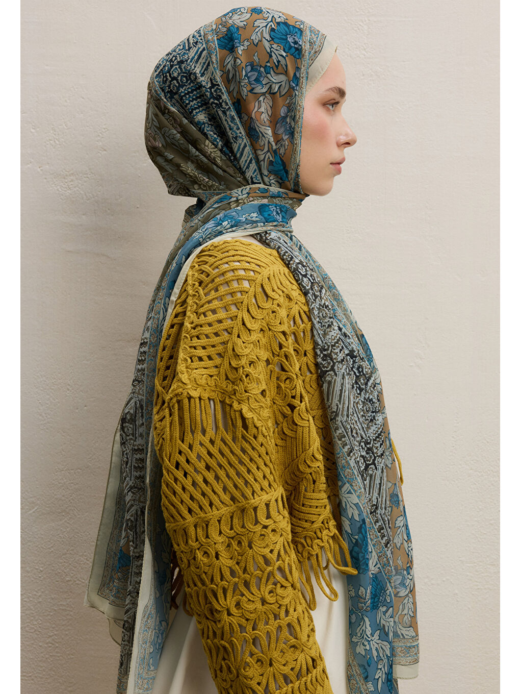 Yeşil Adella Desen İpek Krep Şal Adaçayı-3