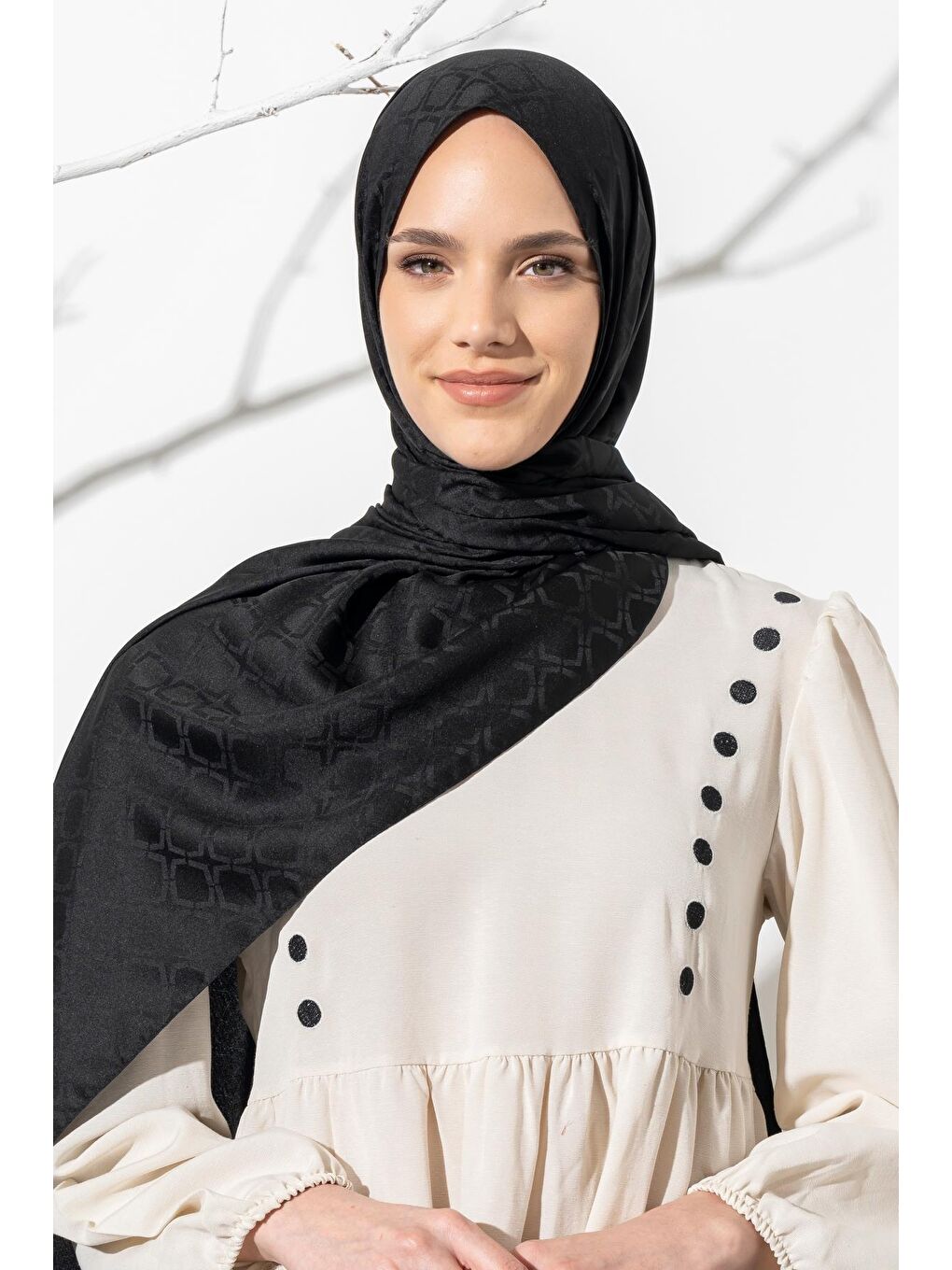 Siyah Kadın Geometrik Desen Jakarlı Şal