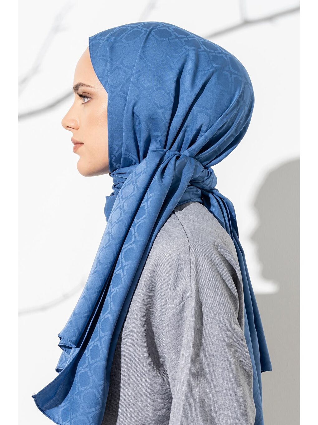 İndigo Kadın Geometrik Desen Jakarlı Şal-4