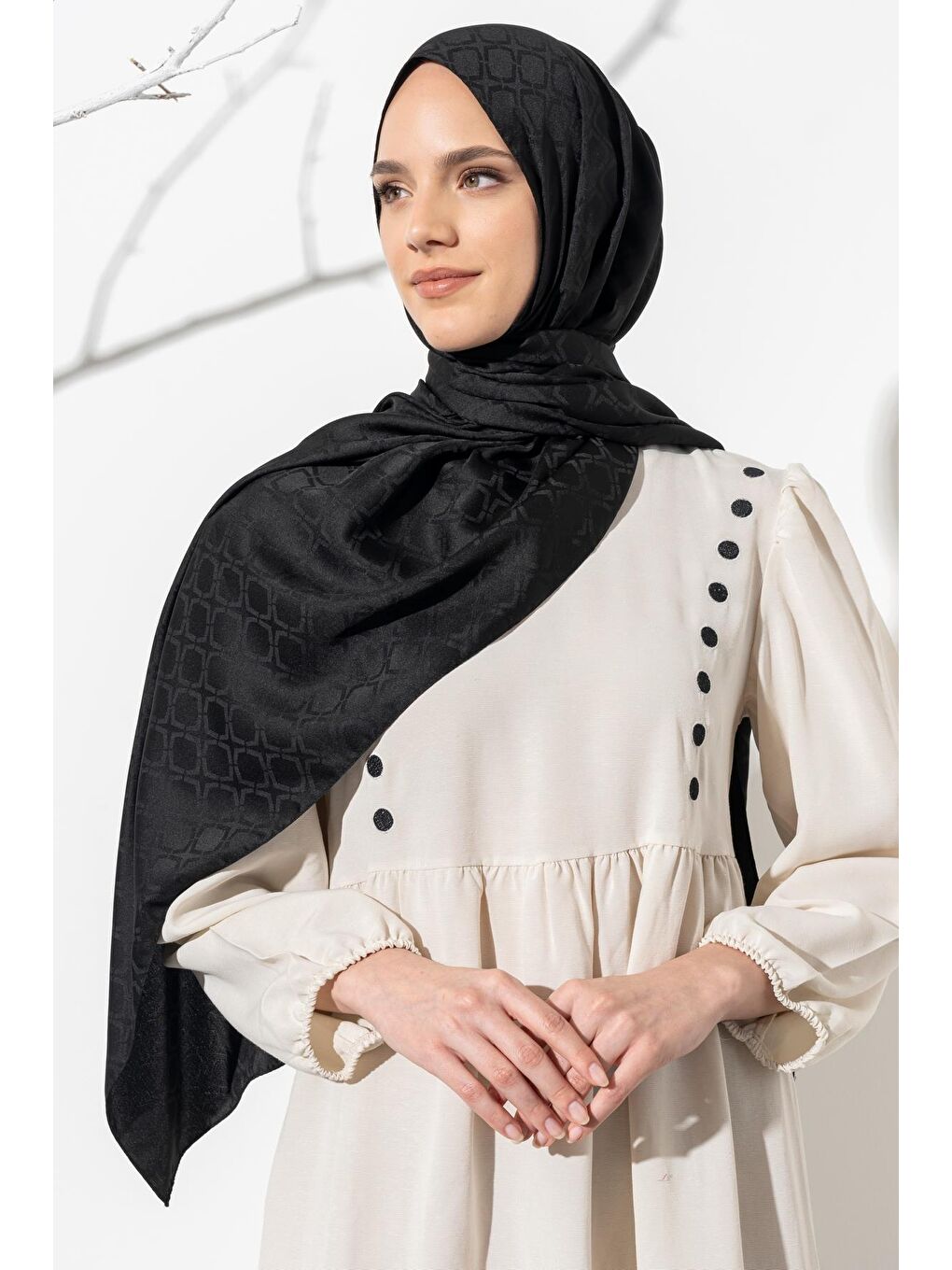 Siyah Kadın Geometrik Desen Jakarlı Şal-4