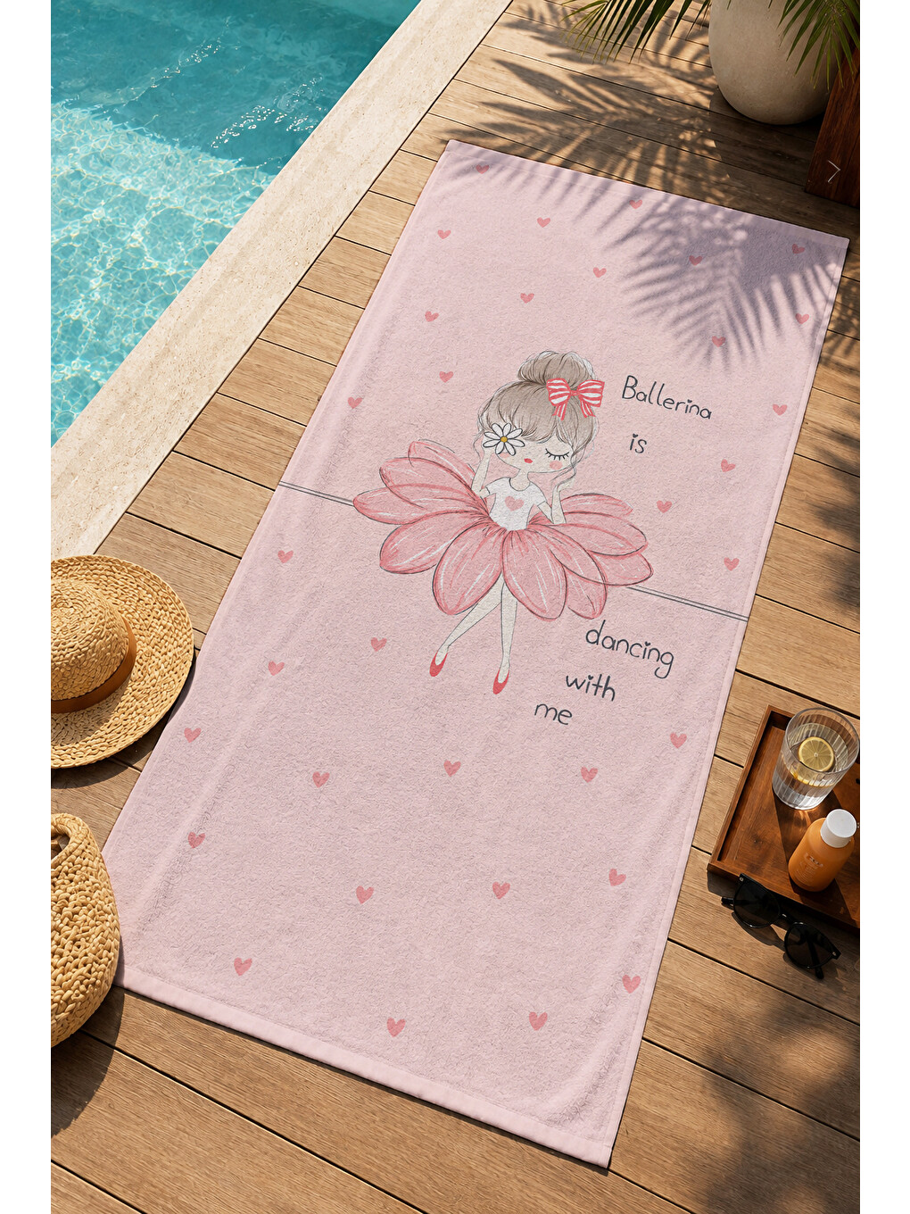 Masalsı Balerin Kız Pembe Çiçekli Desenli 70x150 Plaj Havlusu - Dijital Baskılı Banyo Havlusu-1