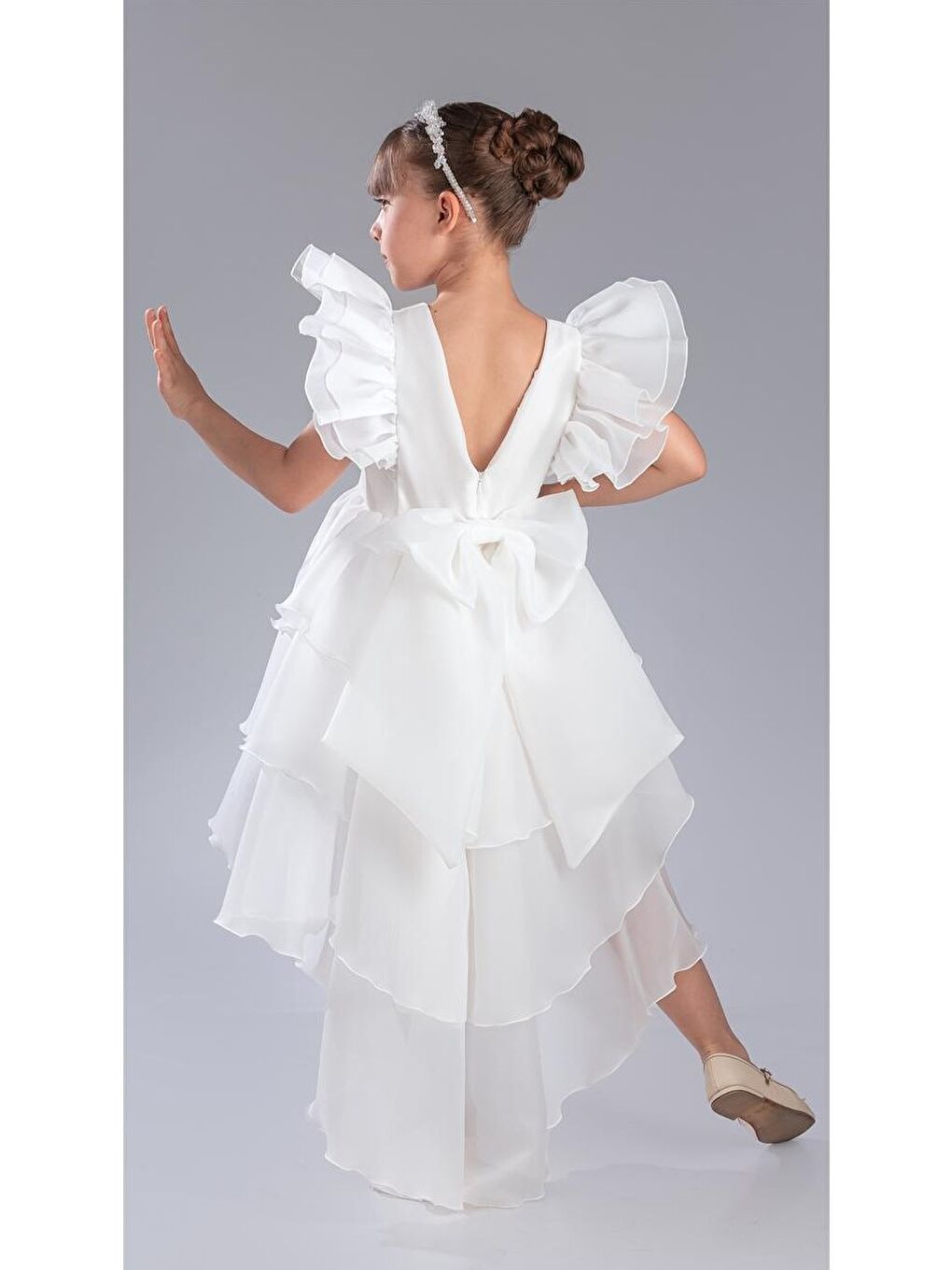 Beyaz Kız Çocuk Kuyruklu , Taçlı Vragia Abiye Elbise M00745-1