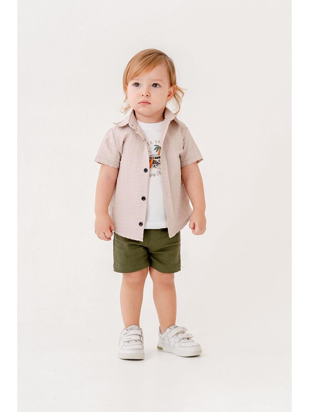 Ekru Tarz Gömlekli Belden Ayarlanabilir Kısa Kollu Şortlu 3'lü Takım-1