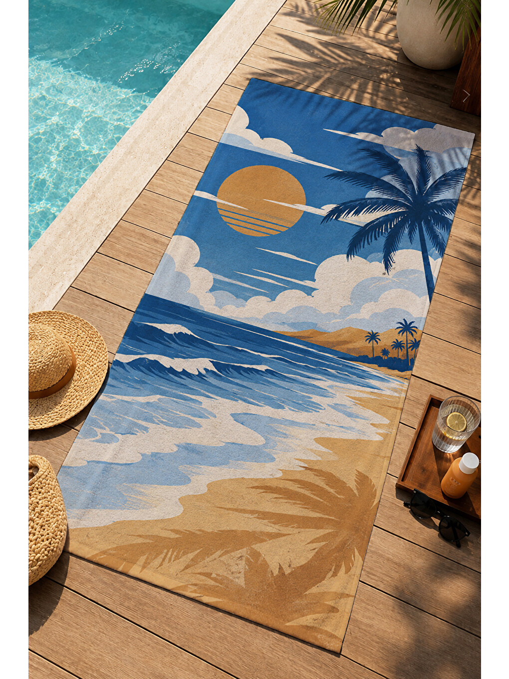 Turuncu Retro Palmiye Akşam Işığı Dalga Desenli 70x150 Plaj Havlusu - Dijital Baskılı Solmaz Banyo Havlusu-4