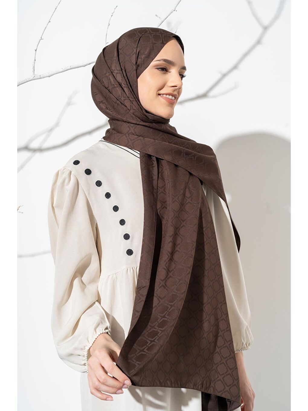 Kahverengi Kadın Geometrik Desen Jakarlı Şal-2