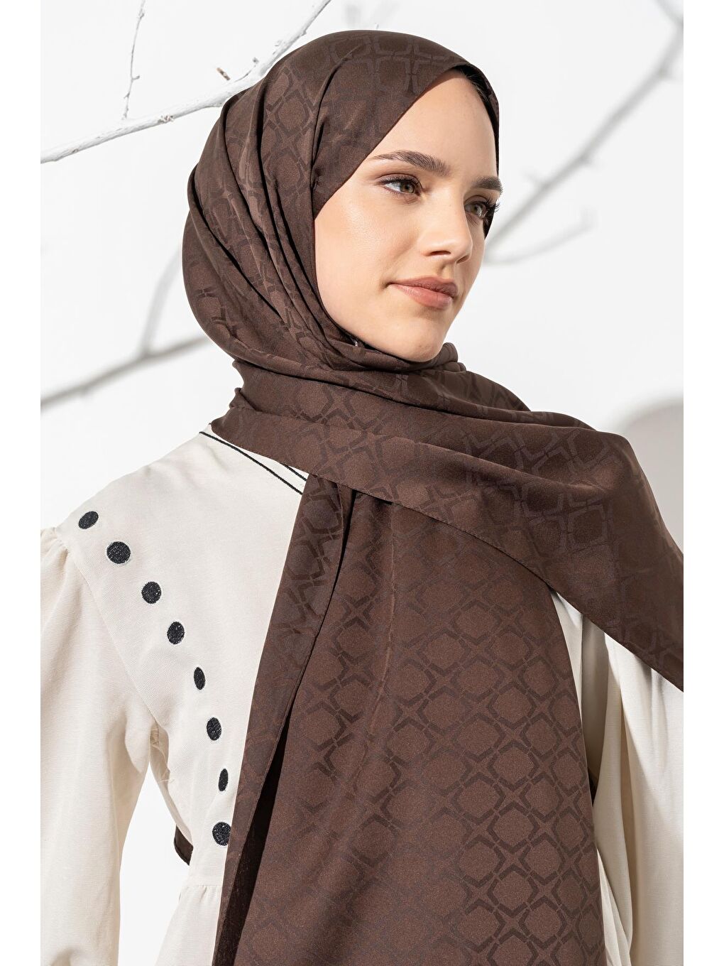 Kahverengi Kadın Geometrik Desen Jakarlı Şal-3