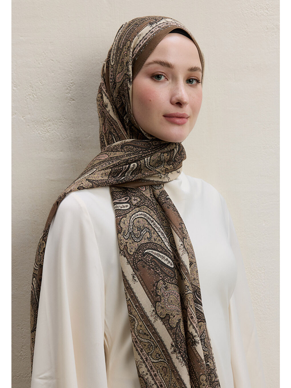 Kahverengi Paısley Elegance Desen Şal Sütlü Kahve