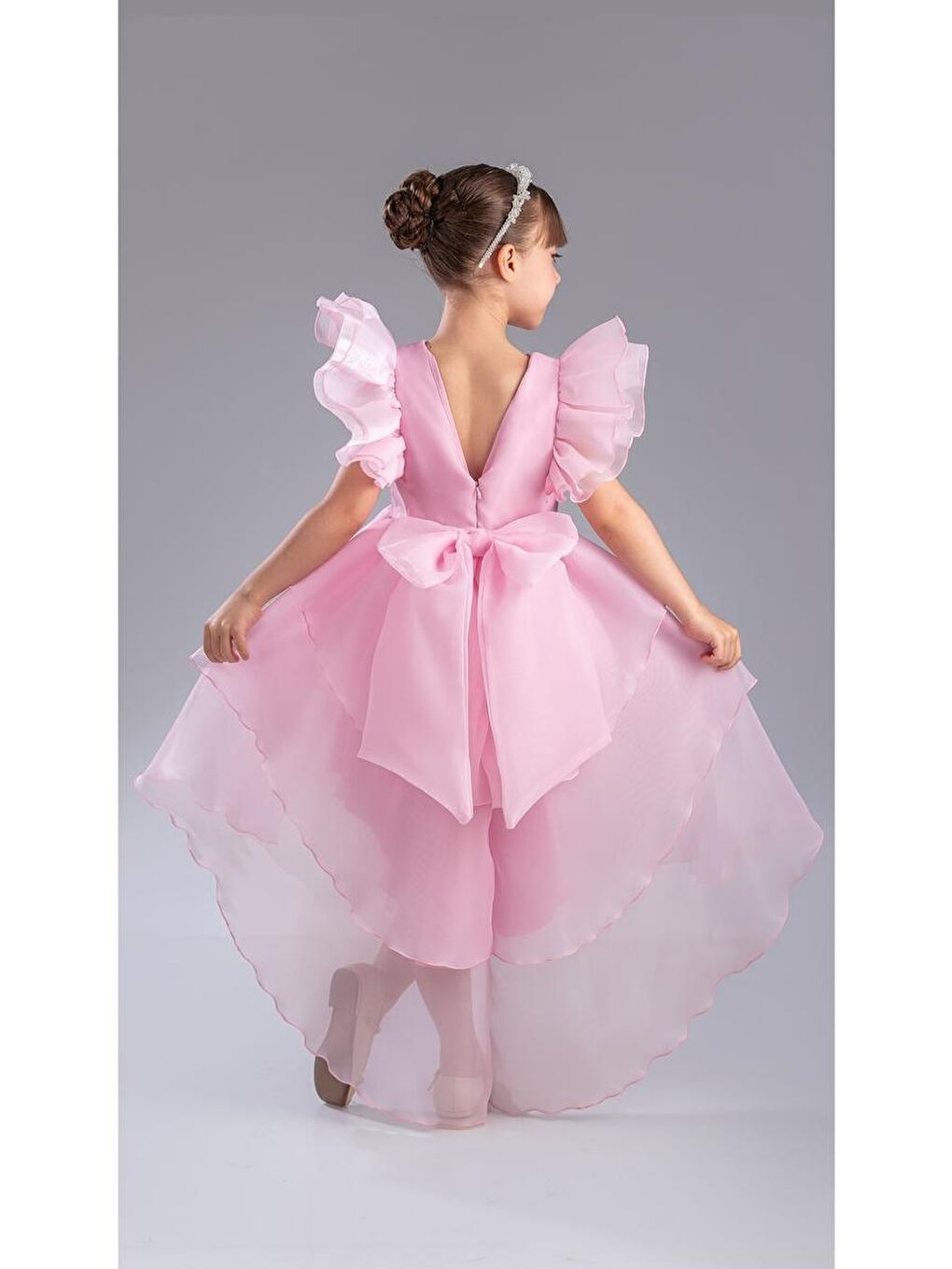 Pembe Kız Çocuk Kuyruklu , Taçlı Vragia Abiye Elbise M00745-1