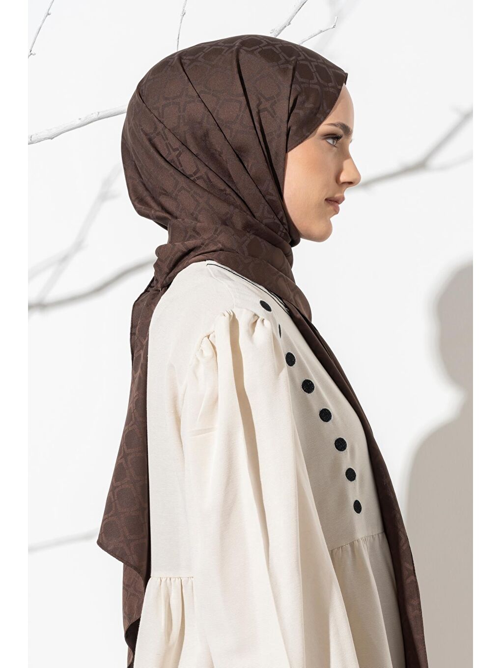 Kahverengi Kadın Geometrik Desen Jakarlı Şal-4