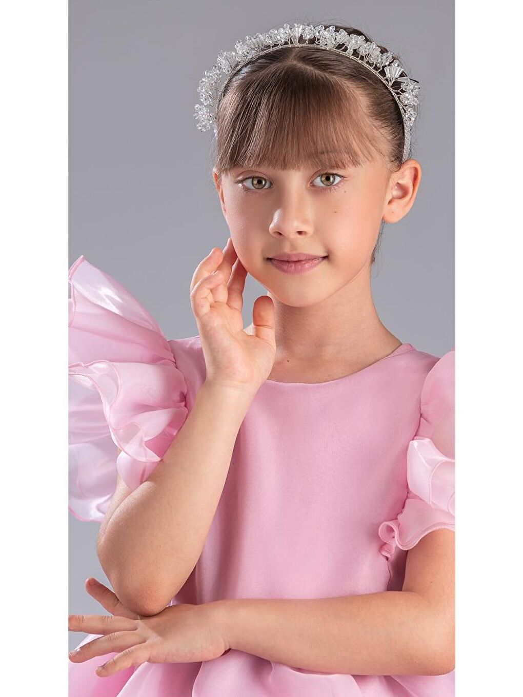 Pembe Kız Çocuk Kuyruklu , Taçlı Vragia Abiye Elbise M00745-2