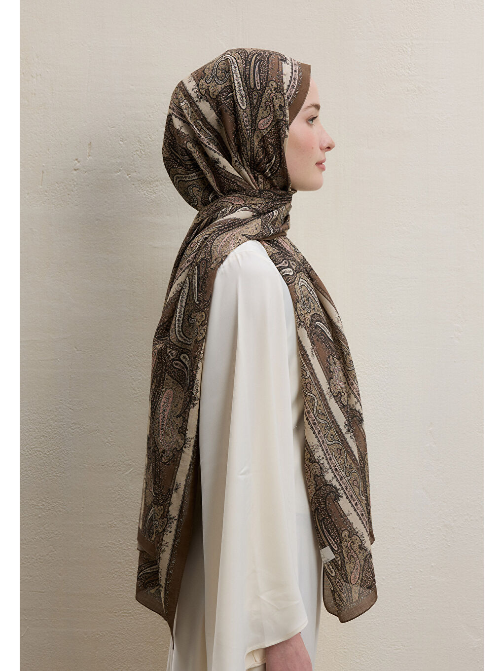 Kahverengi Paısley Elegance Desen Şal Sütlü Kahve-3