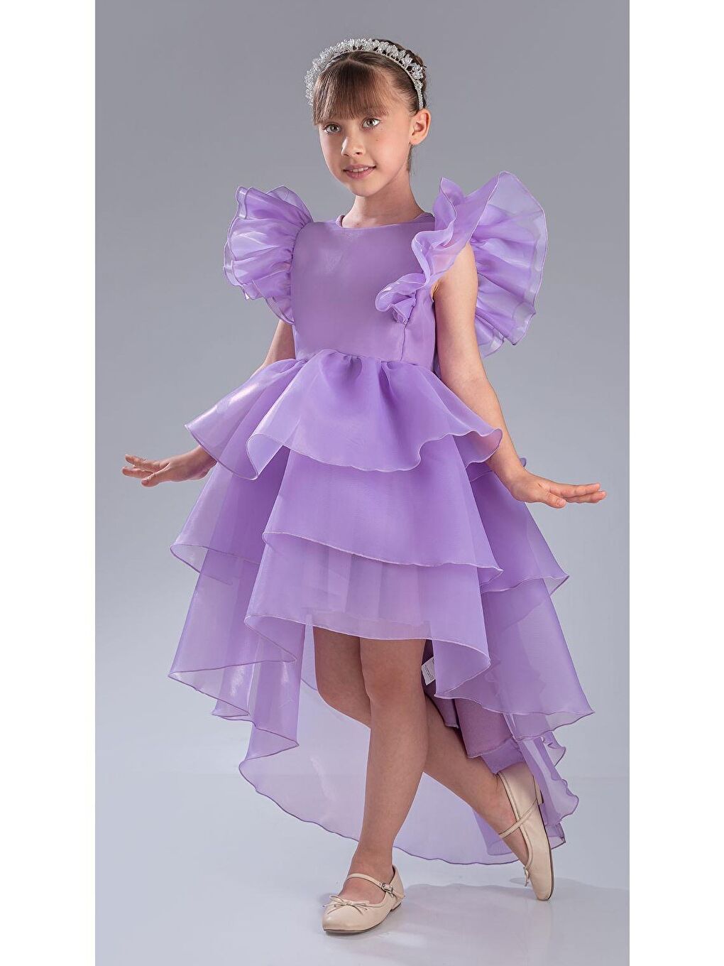 Lila Kız Çocuk Kuyruklu , Taçlı Vragia Abiye Elbise M00745