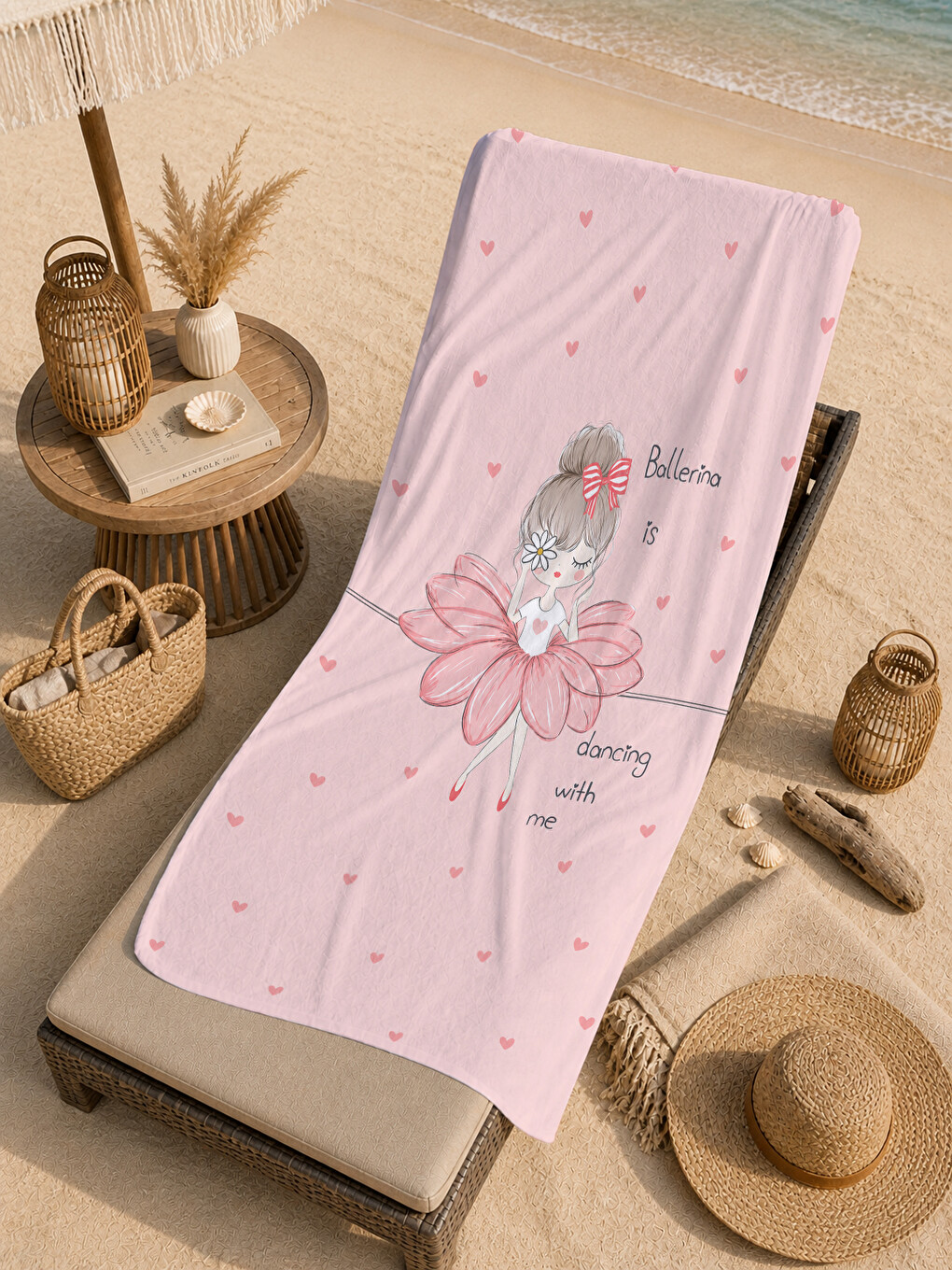 Masalsı Balerin Kız Pembe Çiçekli Desenli 70x150 Plaj Havlusu - Dijital Baskılı Banyo Havlusu-3
