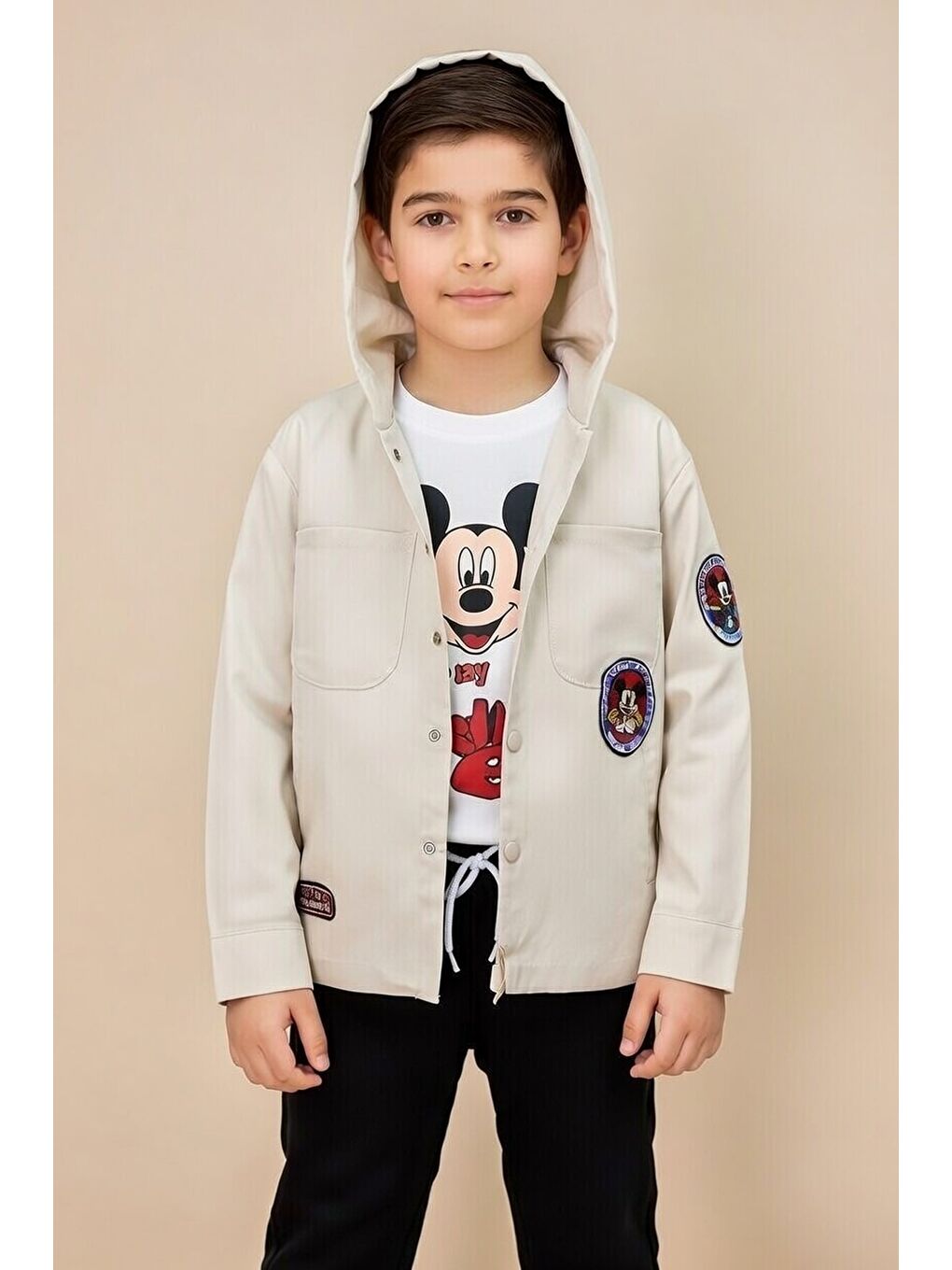Ekru Krem Erkek Çocuk Karakter Nakışlı Ceketli Pantolonlu 3lü Takım 23528-1