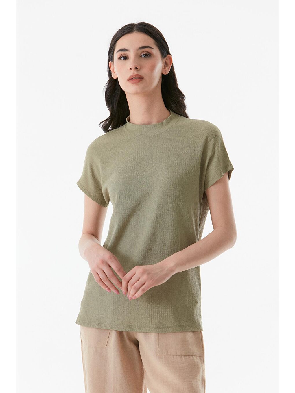 Haki Basic Bisiklet Yaka Salaş Tişört