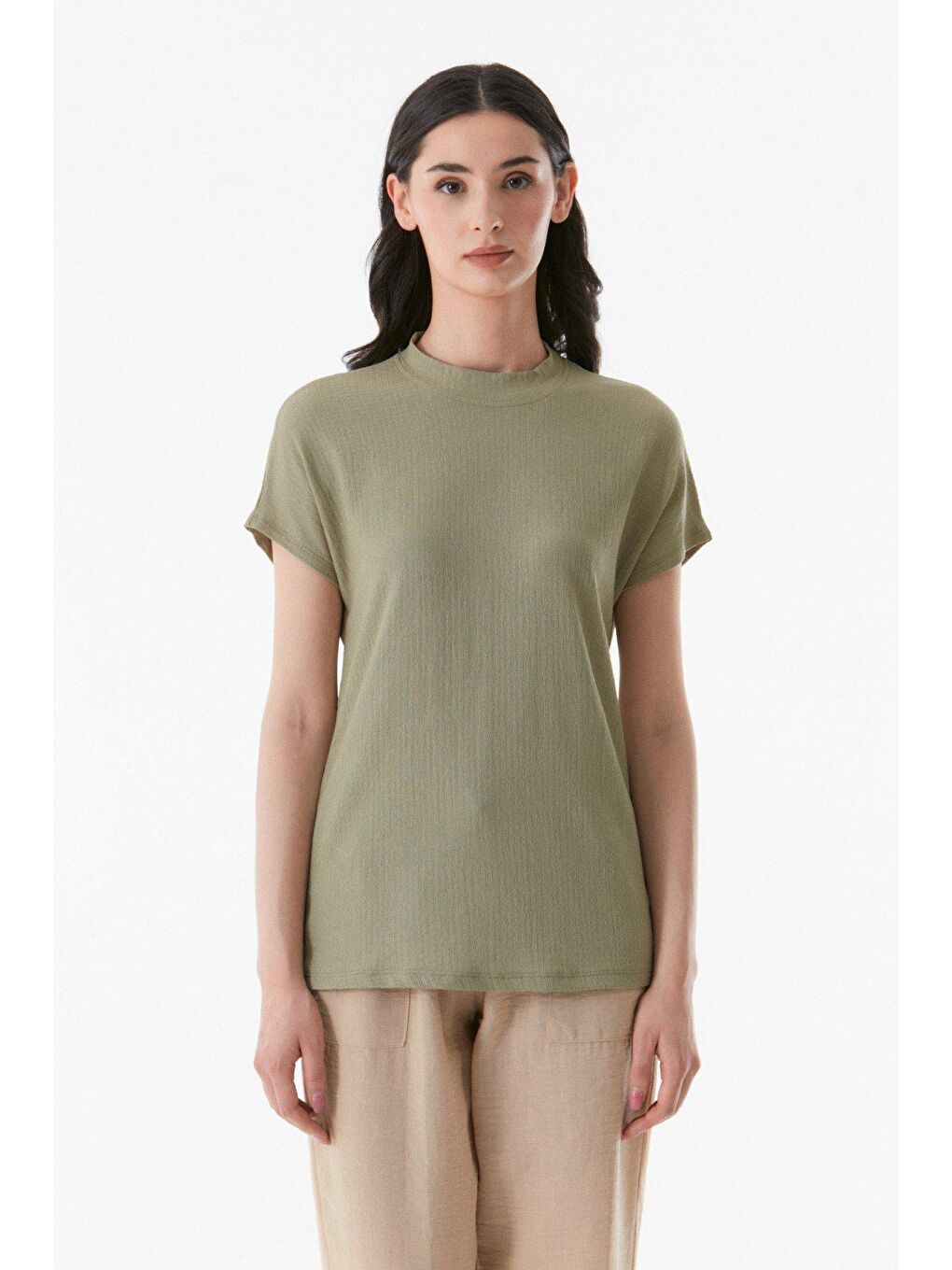 Haki Basic Bisiklet Yaka Salaş Tişört-1