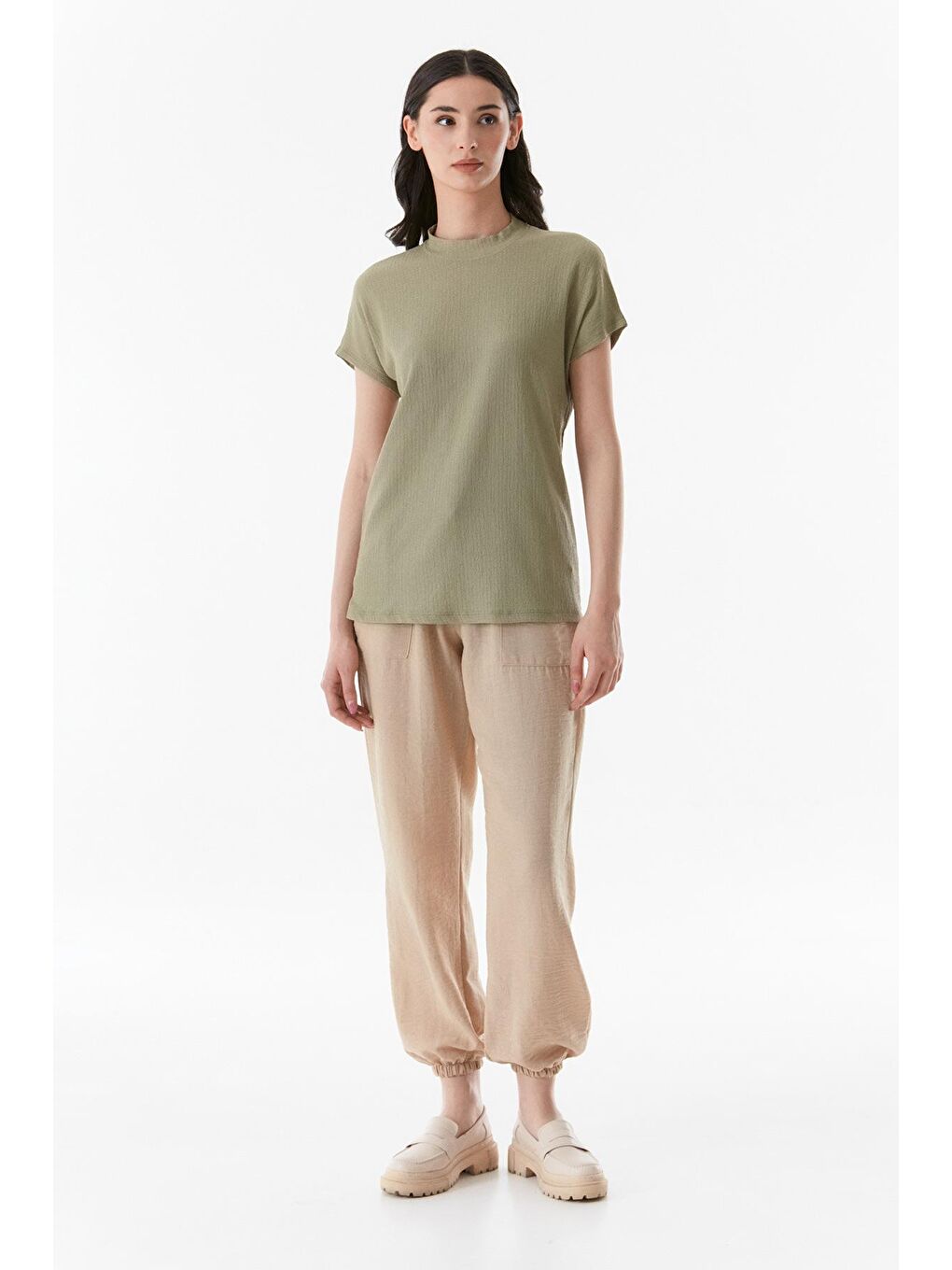 Haki Basic Bisiklet Yaka Salaş Tişört-2