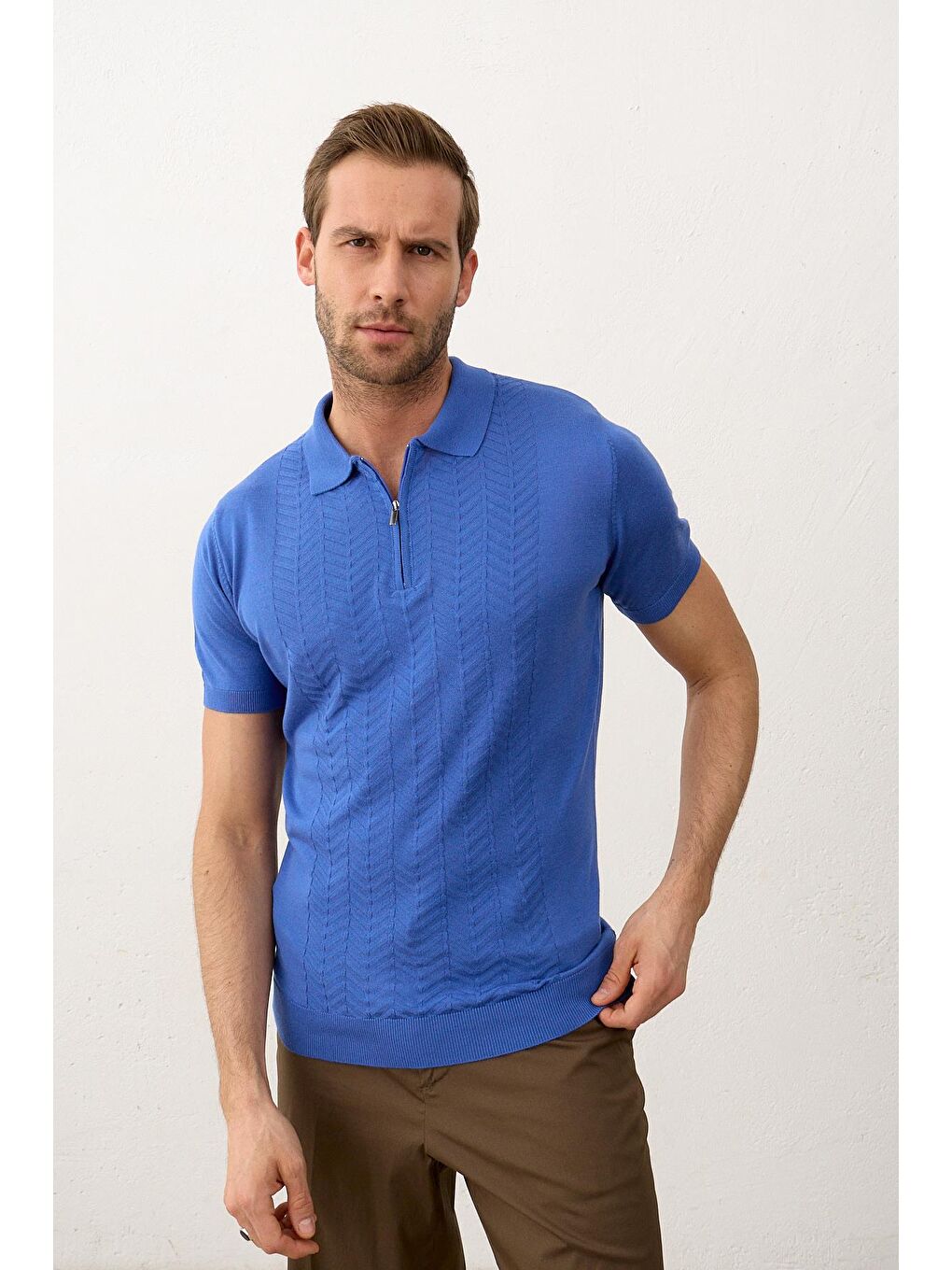 DANGER Saks Erkek Slim-Fit Polo Yaka Yazlık Triko T-shirt??Saks - 3