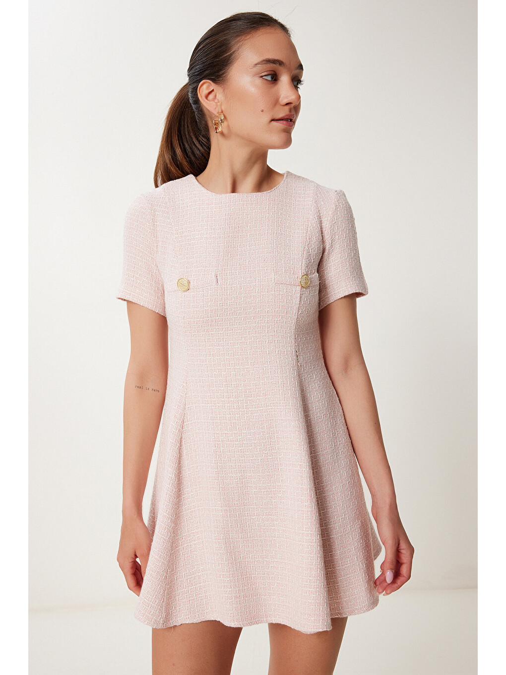 Pembe Düğme Detaylı Mini Kloş Tüvit Elbise PEMBE LUS0106