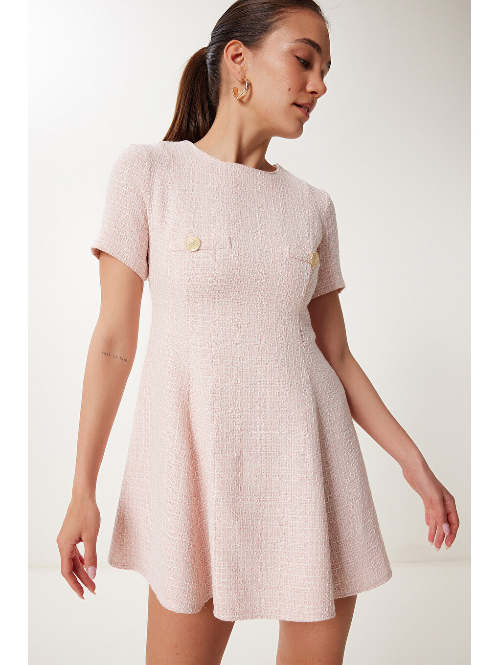 Pembe Düğme Detaylı Mini Kloş Tüvit Elbise PEMBE LUS0106-1