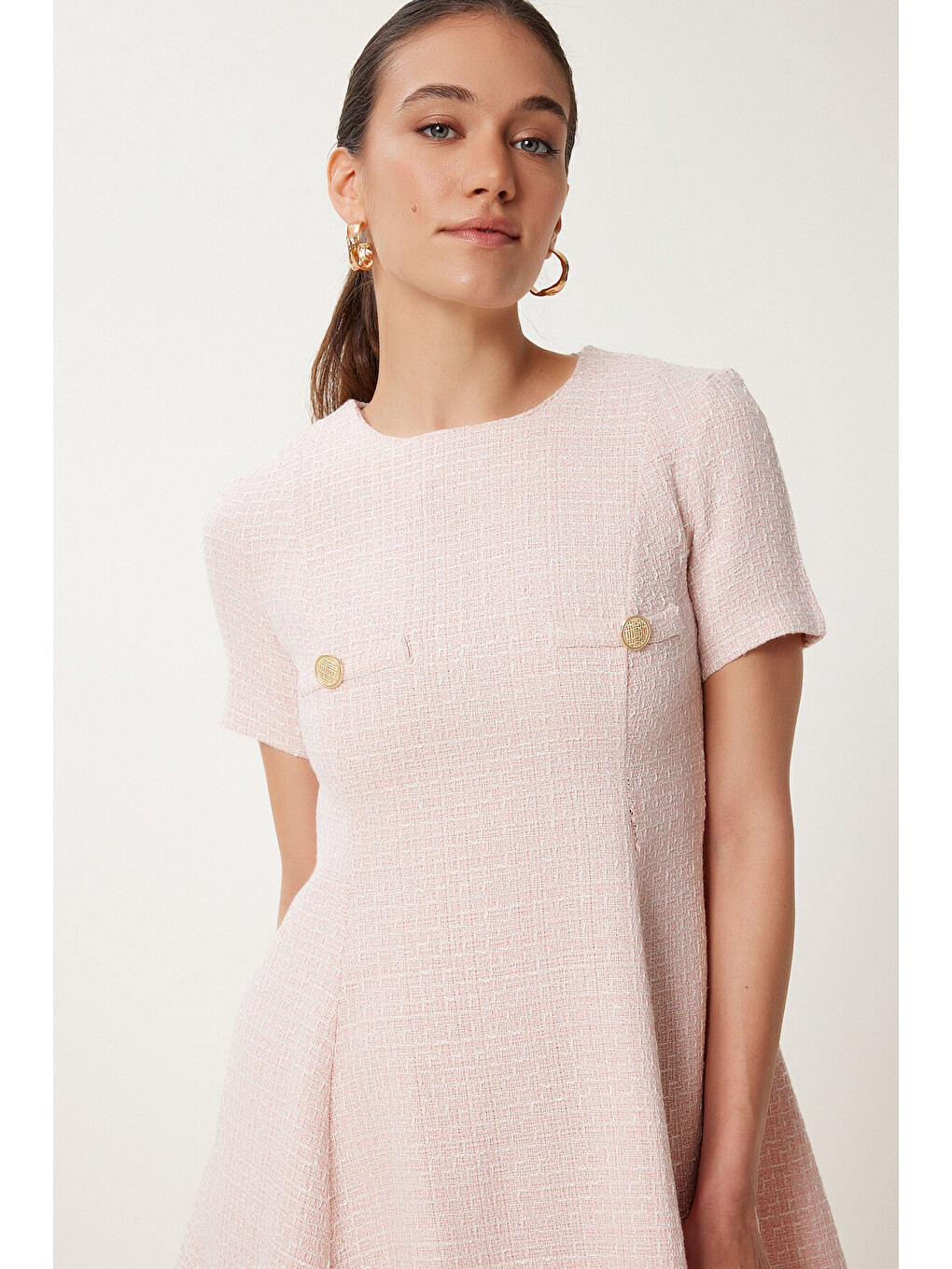 Pembe Düğme Detaylı Mini Kloş Tüvit Elbise PEMBE LUS0106-2
