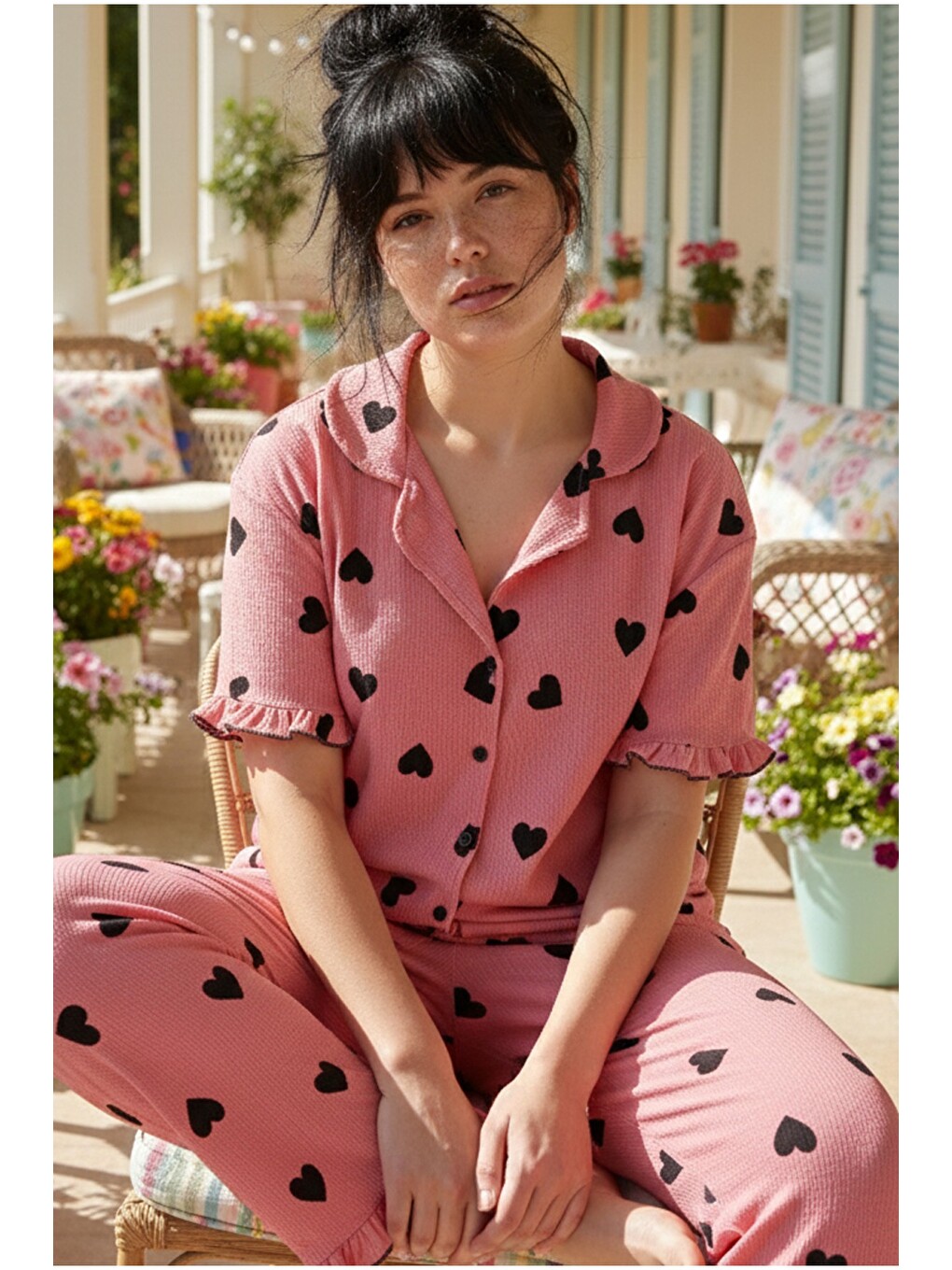 Pembe Bürümcük-krınkıl Büyük Beden Düğmeli Pijama Takım26120826