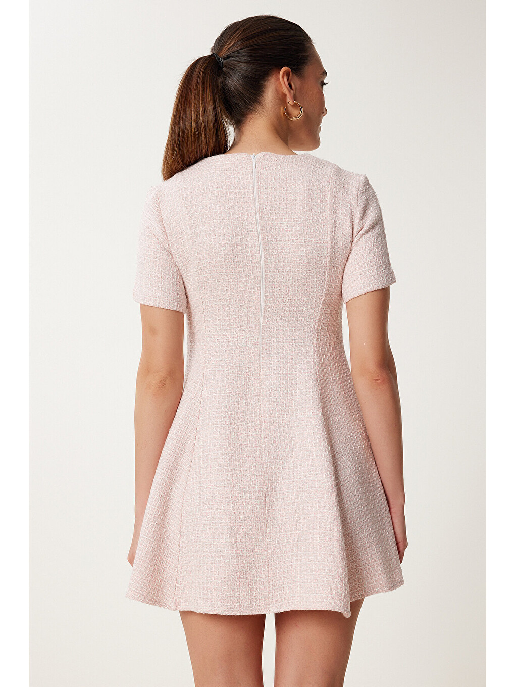 Pembe Düğme Detaylı Mini Kloş Tüvit Elbise PEMBE LUS0106-3