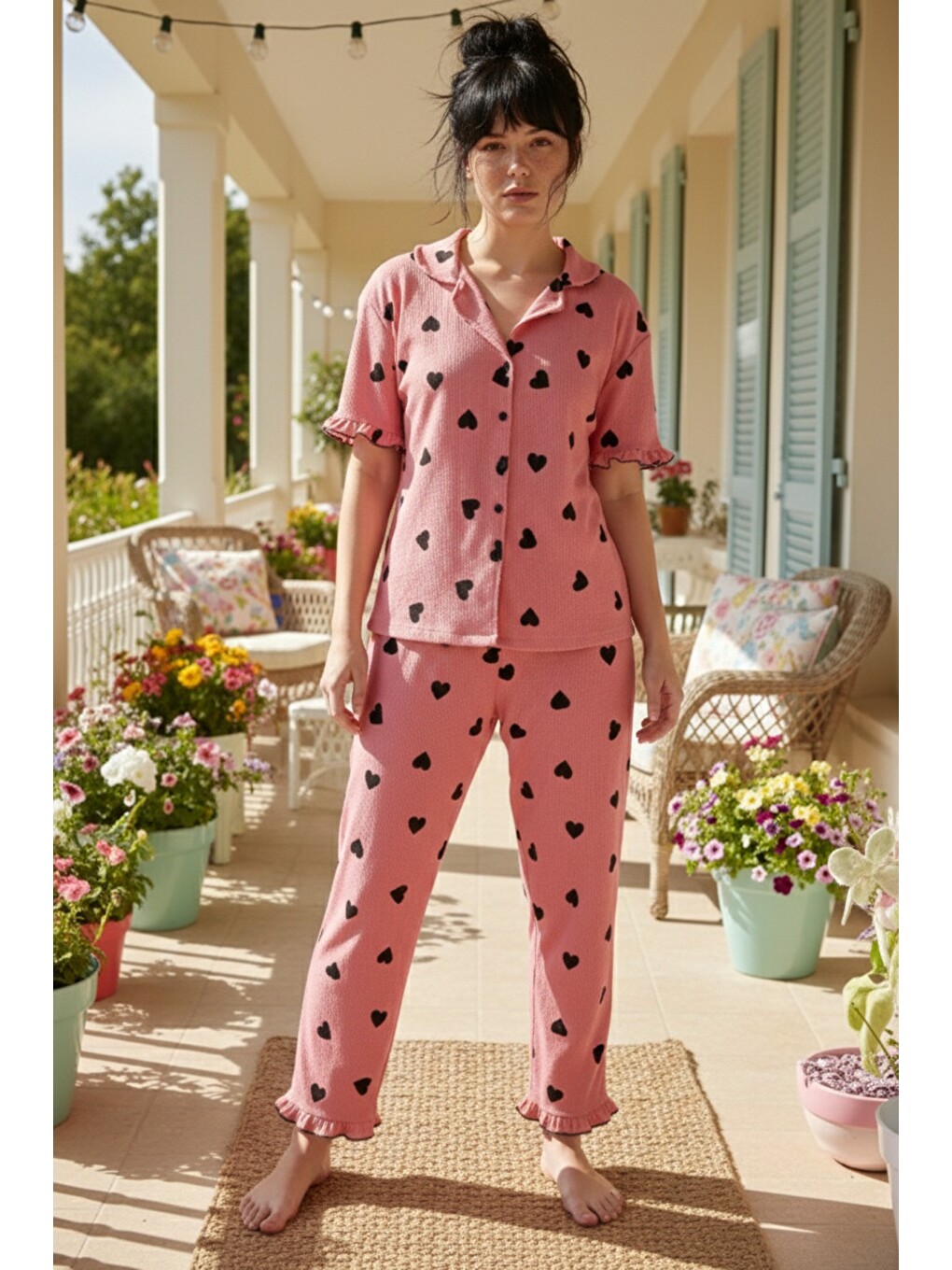 Pembe Bürümcük-krınkıl Büyük Beden Düğmeli Pijama Takım26120826-1