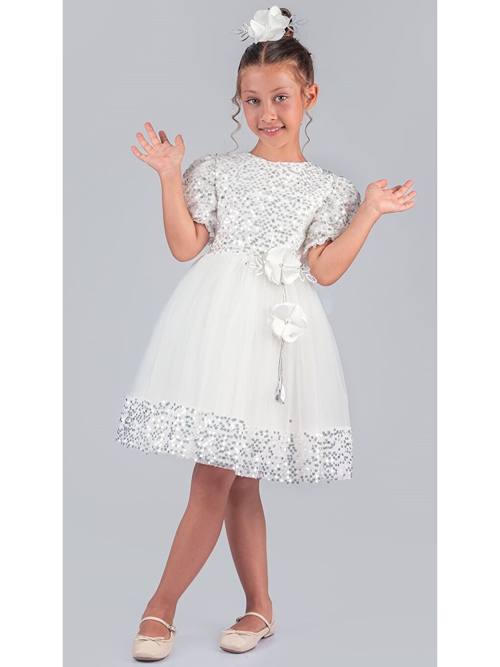 Beyaz Kız Çocuk Etek Ucu Pullu Venna Abiye Elbise M00761