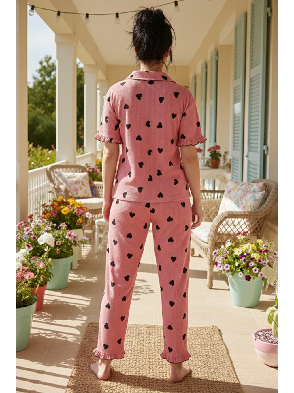 Pembe Bürümcük-krınkıl Büyük Beden Düğmeli Pijama Takım26120826-2