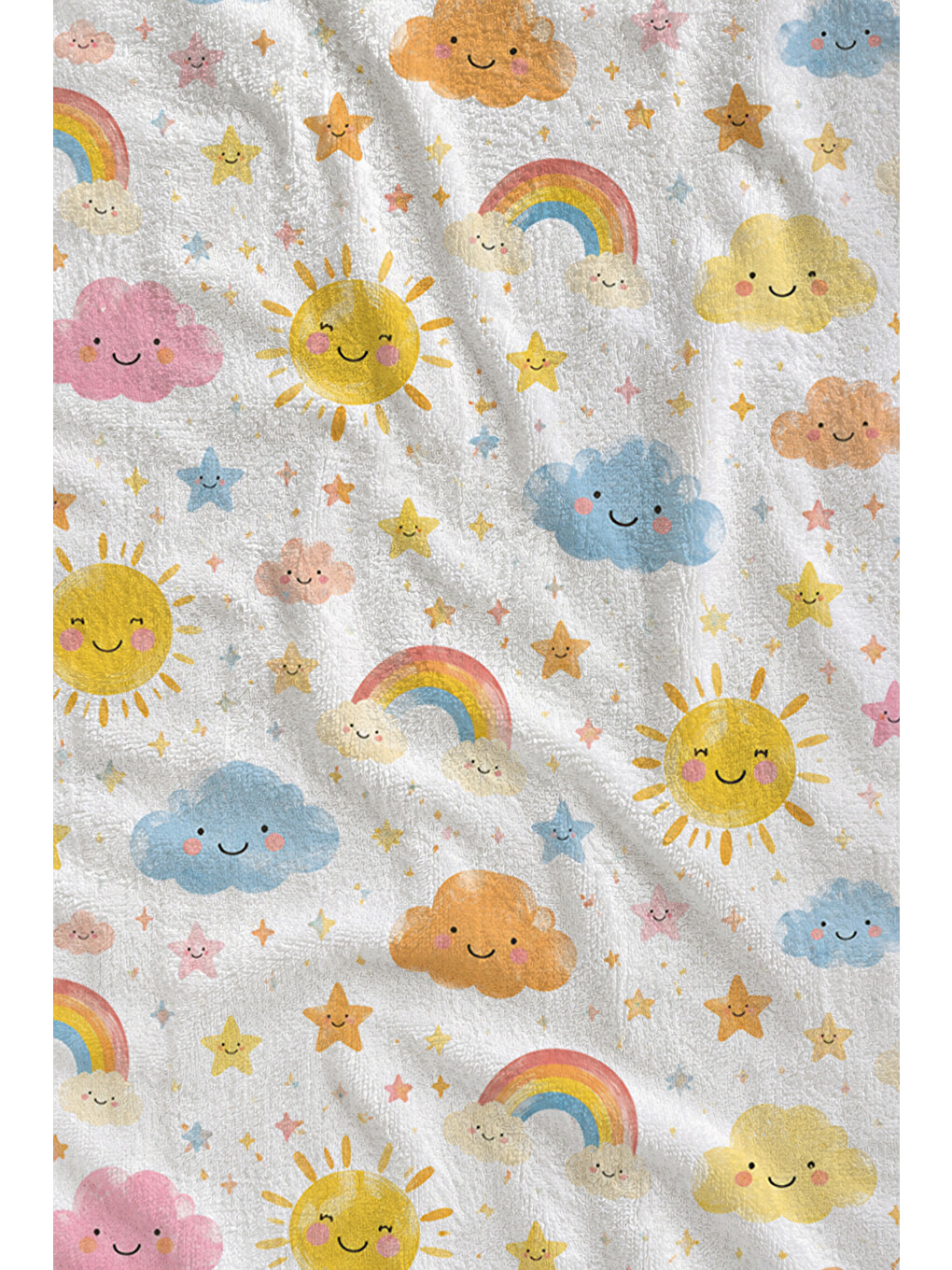 Sarı Pastel Güneş Renk Kemeri Bulut Çiçekli Desenli 70x150 Plaj Havlusu - Dijital Baskılı Banyo Havlusu-1