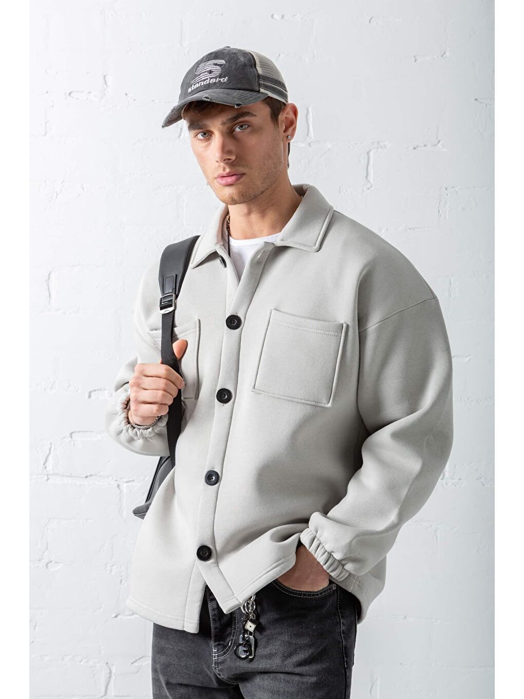 Erkek Oversize Basic Rahat Mont Gri-2