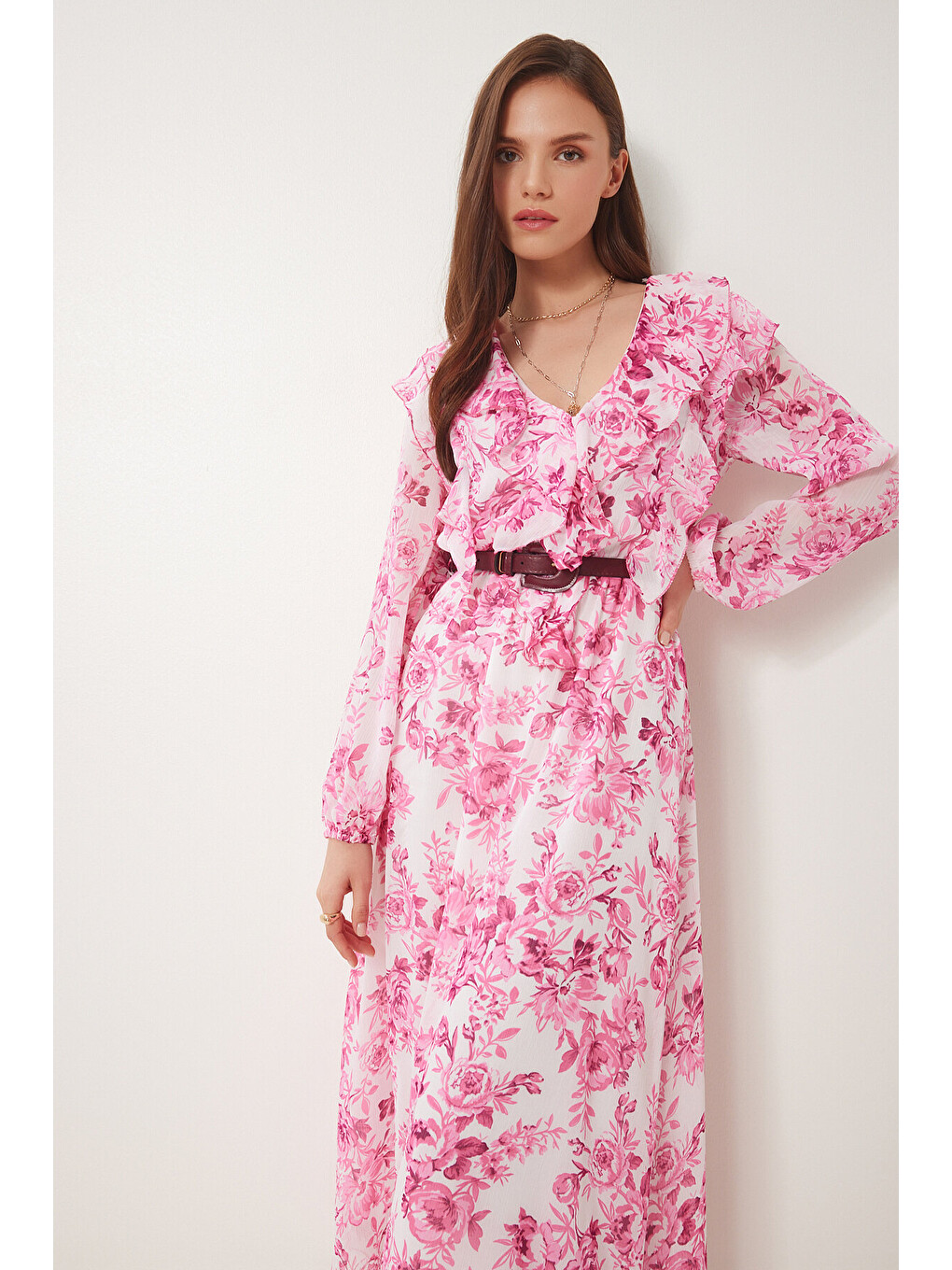 Pembe Kemerli Desenli Midi Şifon Elbise PEMBE BEYAZ LWF0027-1