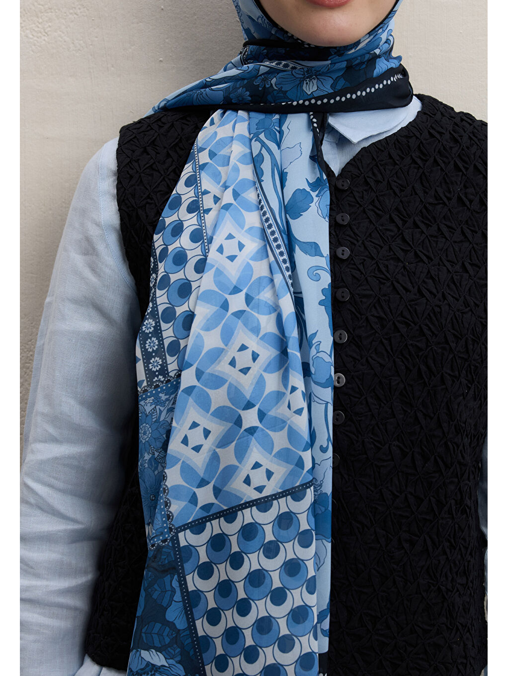 Wıld Botanıcal Desen İpek Krep Şal Lacivert-1