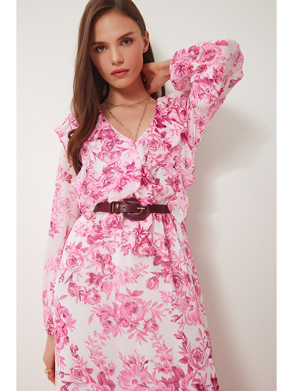 Pembe Kemerli Desenli Midi Şifon Elbise PEMBE BEYAZ LWF0027-2