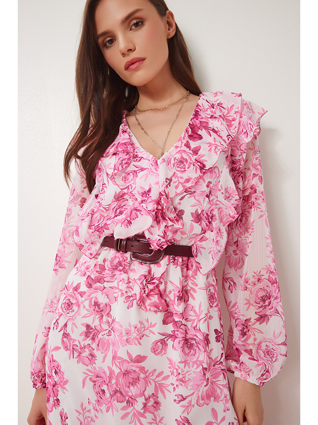 Pembe Kemerli Desenli Midi Şifon Elbise PEMBE BEYAZ LWF0027-3