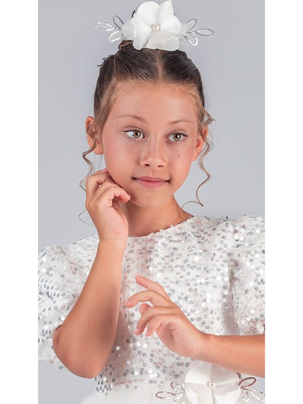Beyaz Kız Çocuk Etek Ucu Pullu Venna Abiye Elbise M00761-1