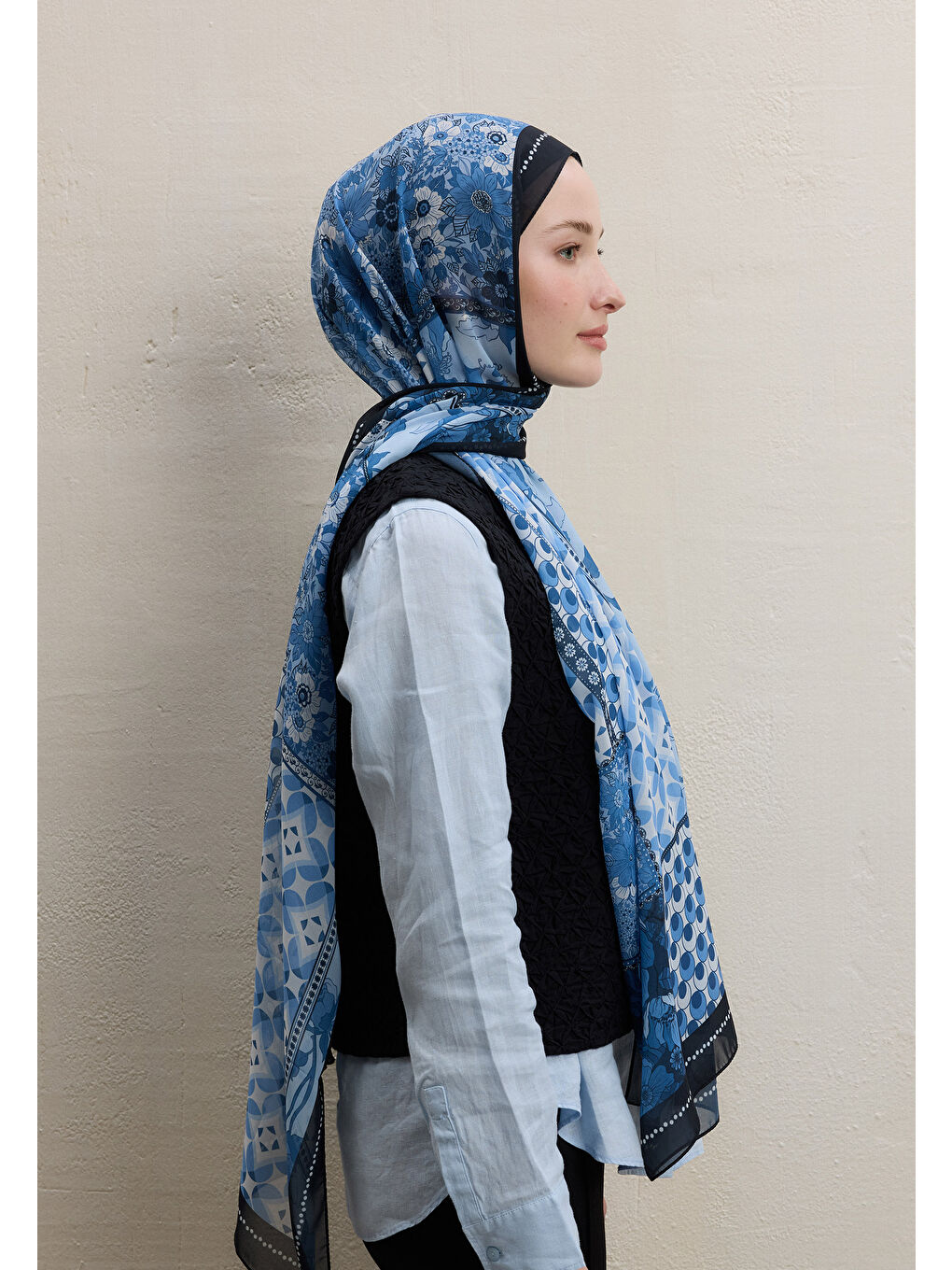 Wıld Botanıcal Desen İpek Krep Şal Lacivert-3