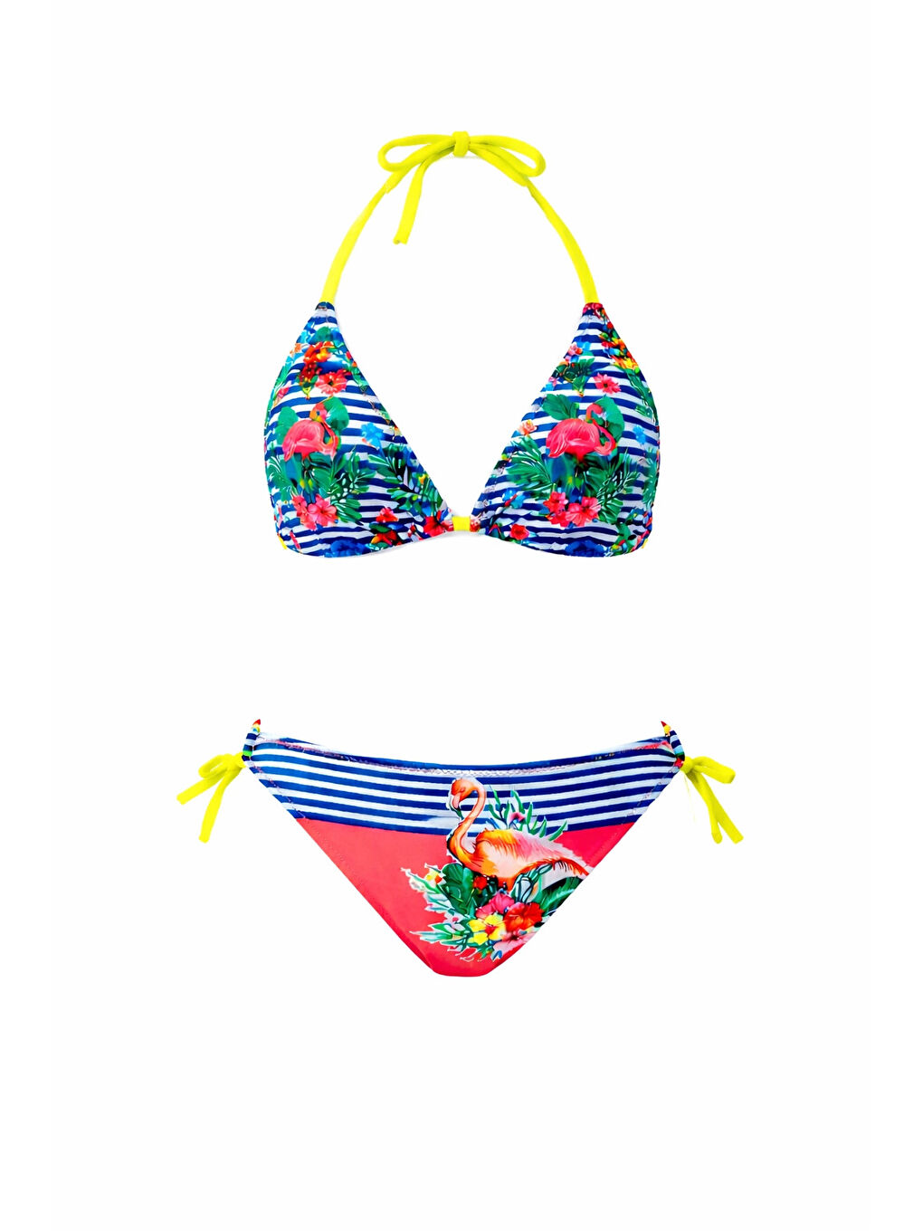 Kız Çocuk Mavi Pembe Flamingo Glow Desenli 6-14 Yaş Üçgen Bikini Takım HZL26S-LC9018