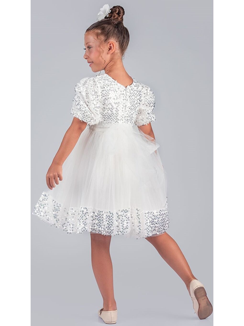 Beyaz Kız Çocuk Etek Ucu Pullu Venna Abiye Elbise M00761-2