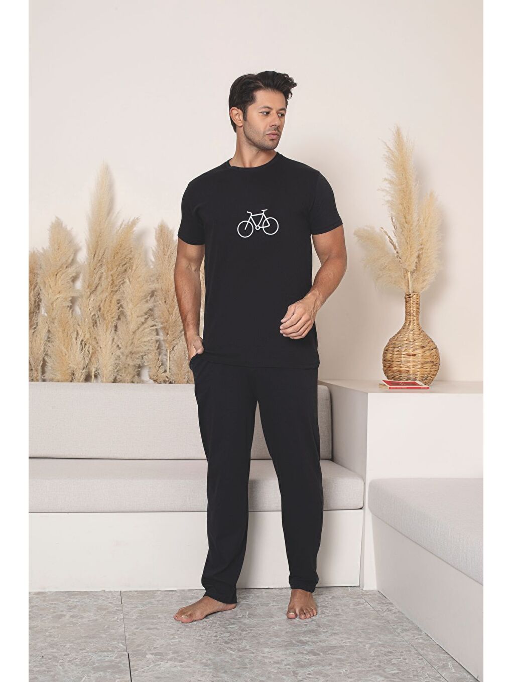 Erkek Siyah %100 Pamuk Kısa Kollu Kaliteli Rahat Battal Pijama Takımı