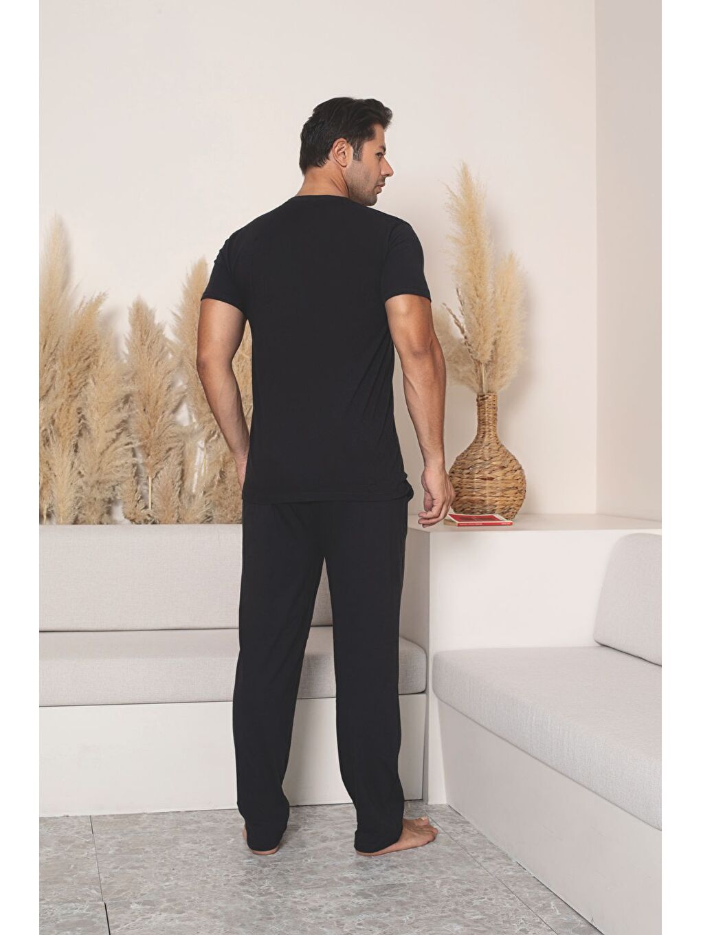 Erkek Siyah %100 Pamuk Kısa Kollu Kaliteli Rahat Battal Pijama Takımı-3
